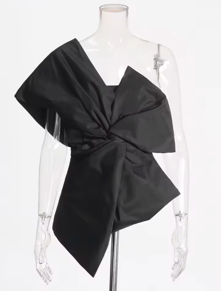 Asymmetrical Ruched Bow Top - Black