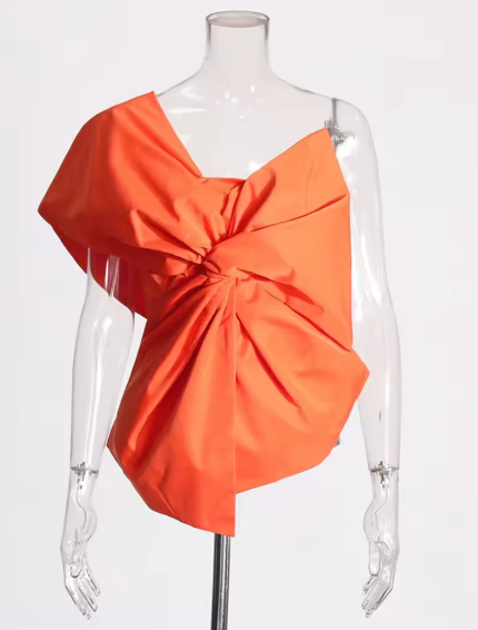 Asymmetrical Ruched Bow Top - Orange