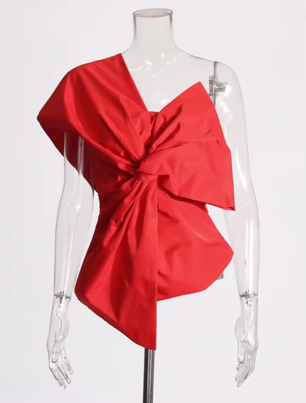 Asymmetrical Ruched Bow Top - Red