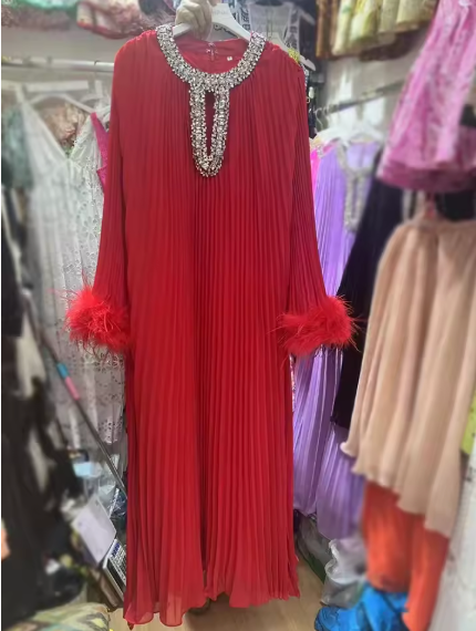 Pleated Maxi Dress with Embellished Neckline and Feather Cuffs - Red