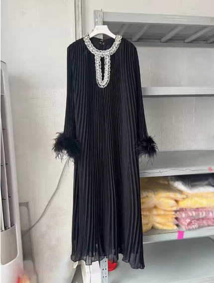 Pleated Maxi Dress with Embellished Neckline and Feather Cuffs - Black