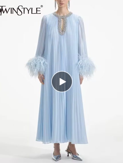 Pleated Maxi Dress with Embellished Neckline and Feather Cuffs - Blue