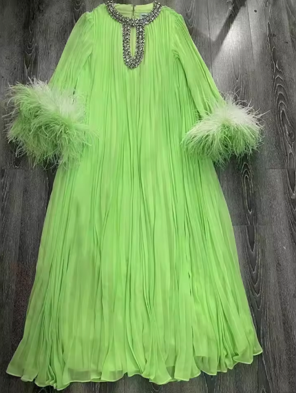 Pleated Maxi Dress with Embellished Neckline and Feather Cuffs - Green