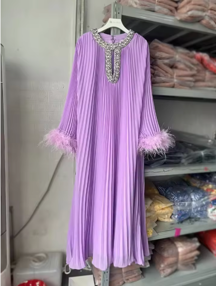 Pleated Maxi Dress with Embellished Neckline and Feather Cuffs - Purple