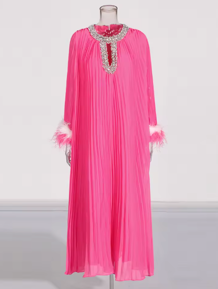Pleated Maxi Dress with Embellished Neckline and Feather Cuffs - Pink