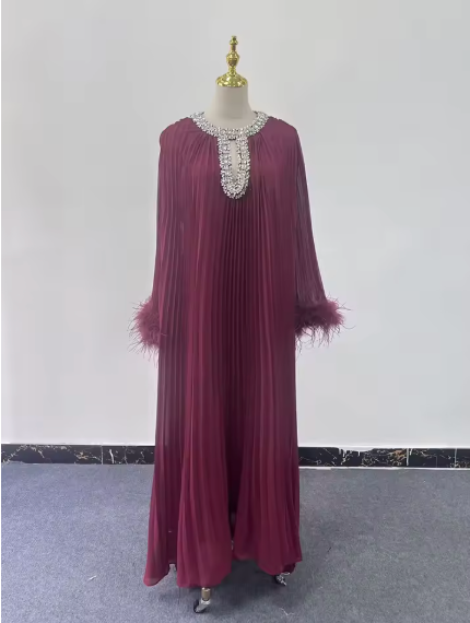 Pleated Maxi Dress with Embellished Neckline and Feather Cuffs - Dark Red