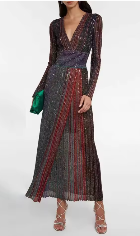 Long Sleeve Maxi Dress with Metallic Stripes Accent - Black