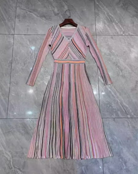 Long Sleeve Maxi Dress with Metallic Stripes Accent - Pink