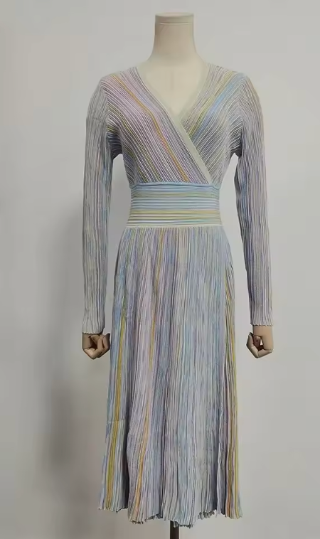 Long Sleeve Maxi Dress with Metallic Stripes Accent - Light Purple