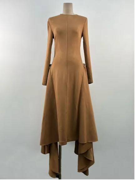 Asymmetrical Maxi Dress with Long Sleeves and Side Draping - Brown