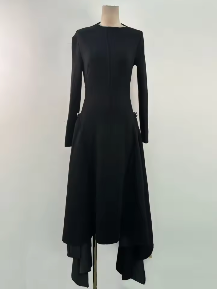 Asymmetrical Maxi Dress with Long Sleeves and Side Draping - Black