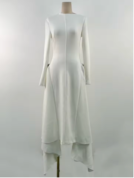 Asymmetrical Maxi Dress with Long Sleeves and Side Draping - White