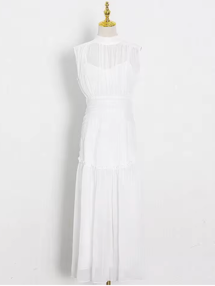 Sleeveless Midi Dress with Pleated Design and High Neck - White