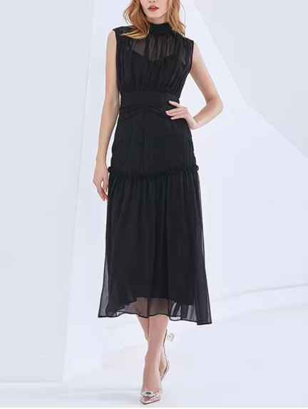Sleeveless Midi Dress with Pleated Design and High Neck - Black