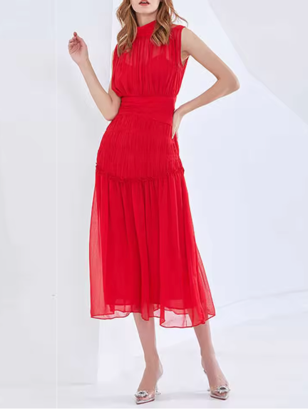Sleeveless Midi Dress with Pleated Design and High Neck - Red