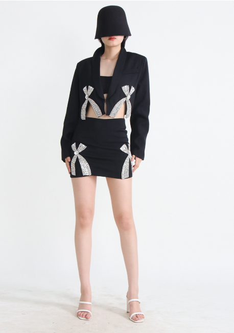 Two-Piece Set with Embellished Cropped Blazer and Mini Skirt - Black