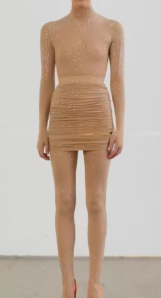 Mini Dress with Crystal-Embellished Tights - Brown