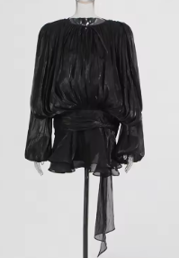 Ruched Mini Dress with Layered Hem - Black