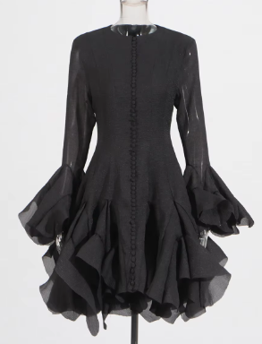 Midi Dress with Ruffle Cuffs and Buttoned Front - Black