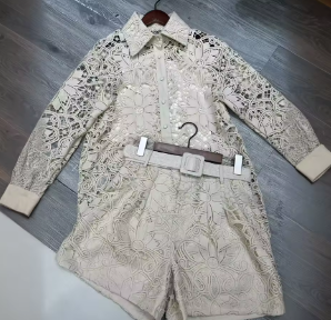 Two-Piece Set with Lace Shirt and Belted Shorts - Beige