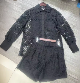 Two-Piece Set with Lace Shirt and Belted Shorts - Black