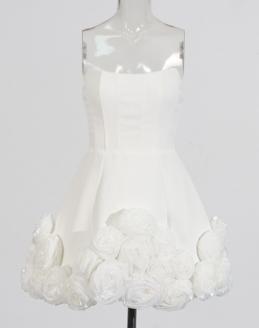 Strapless Mini Dress with 3D Floral Hem - White