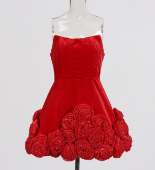 Strapless Mini Dress with 3D Floral Hem - Red
