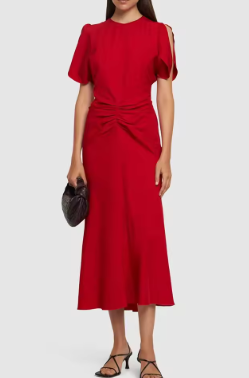Short Sleeve Midi Dress with Waist Draping - Red