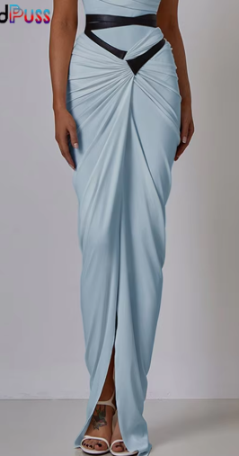 High-Waist Maxi Skirt with Side Ruching - Blue