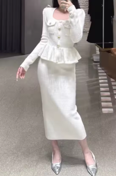 Square Neck Long Sleeve Midi Dress - White