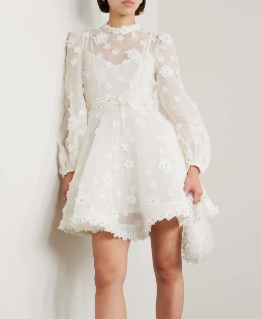 Long Sleeve Mini Dress with Sheer Floral Overlay - White
