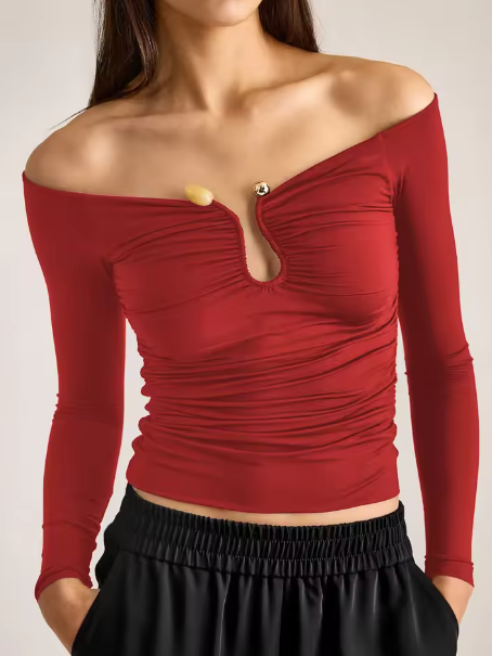 Off-Shoulder Long Sleeve Ruched Top - Red