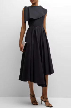 Asymmetrical Ruffle Detail Midi Dress - Black