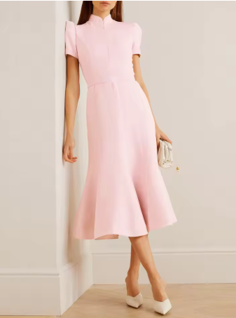 Short Sleeve Midi Dress with High Neck and Flared Hem - Pink
