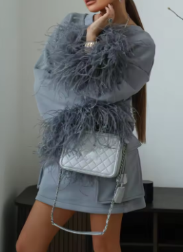 Feather-Trimmed Long Sleeve Sweatshirt - Gray