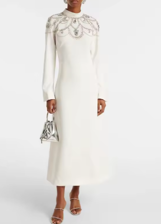 Embellished High Neck Long Sleeve Midi Dress - White