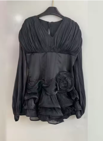 Pleated Long Sleeve Mini Dress - Black