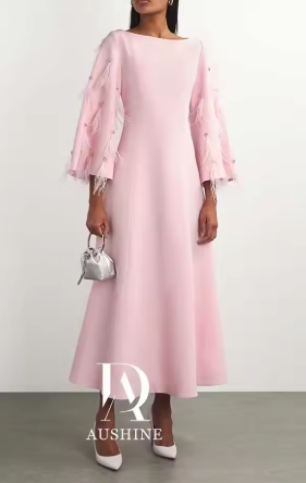 Midi Dress with Feather-Embellished Sleeves - Pink