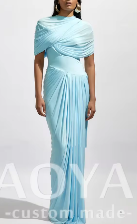 Draped Asymmetrical Pleated Maxi Dress - Blue