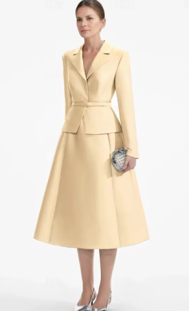 Blazer-Style Midi Dress with Peplum Waist - Beige