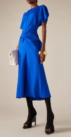 Ruched Waist Midi Dress with Short Sleeves - Blue