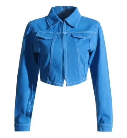 Cropped Jacket with Flap Pockets - Blue