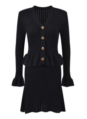 Knitted Long Sleeve Button-Up Mini Dress - Black