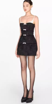 Mini Dress with Feather-Like Texture and Bow Accents - Black