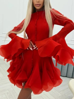 Long Sleeve Mini Dress with Sheer Sleeves and Ruffled Hem - Red