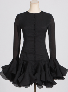 Long Sleeve Mini Dress with Sheer Sleeves and Ruffled Hem - Black