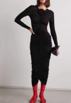Two-Piece Set with Ruched Top and Midi Skirt - Black