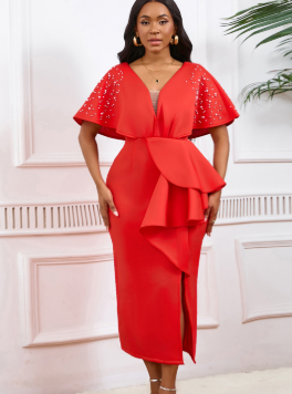 Embellished Sleeve Midi Dress - Red
