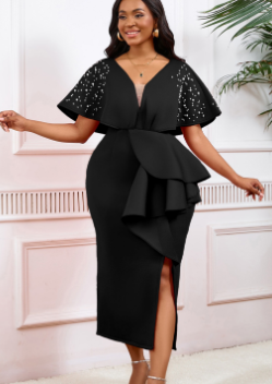 Embellished Sleeve Midi Dress - Black