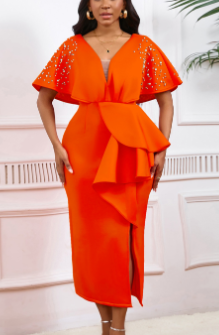 Embellished Sleeve Midi Dress - Orange